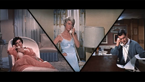Doris Day listens in as Rock Hudson chats up a lover in Pillow Talk