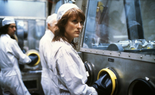 Meryl Streep in Silkwood (with a blurry young David Strathairn in the background)