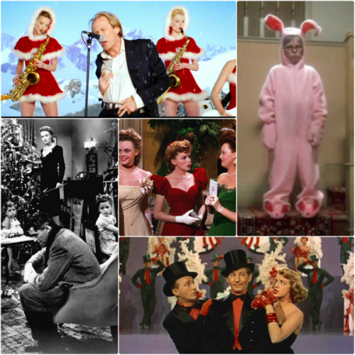 Stills from Love Actually, A Christmas Story, It's a Wonderful Life, Meet Me in St Louis, White Christmas