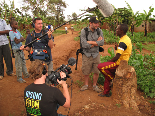 Crew filming interview with one of the cyclists, taken by John Russell