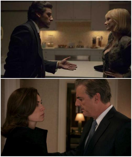 Top: Oscar Isaac and Jessica Chastain in A Most Violent Year, bottom: Julianna Margulies and Chris Noth in The Good Wife