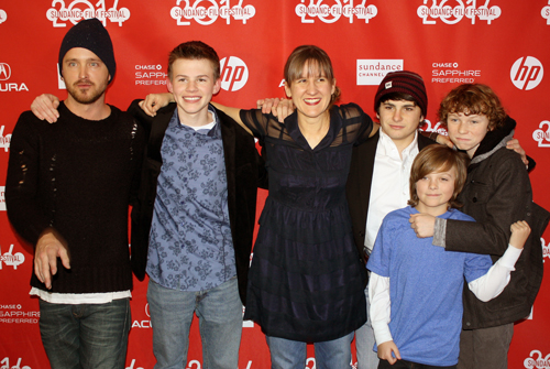 Aaron Paul, Josh Wiggins, and other Hellion cast members with Kat Candler, by Leslie Langee, all rights reserved